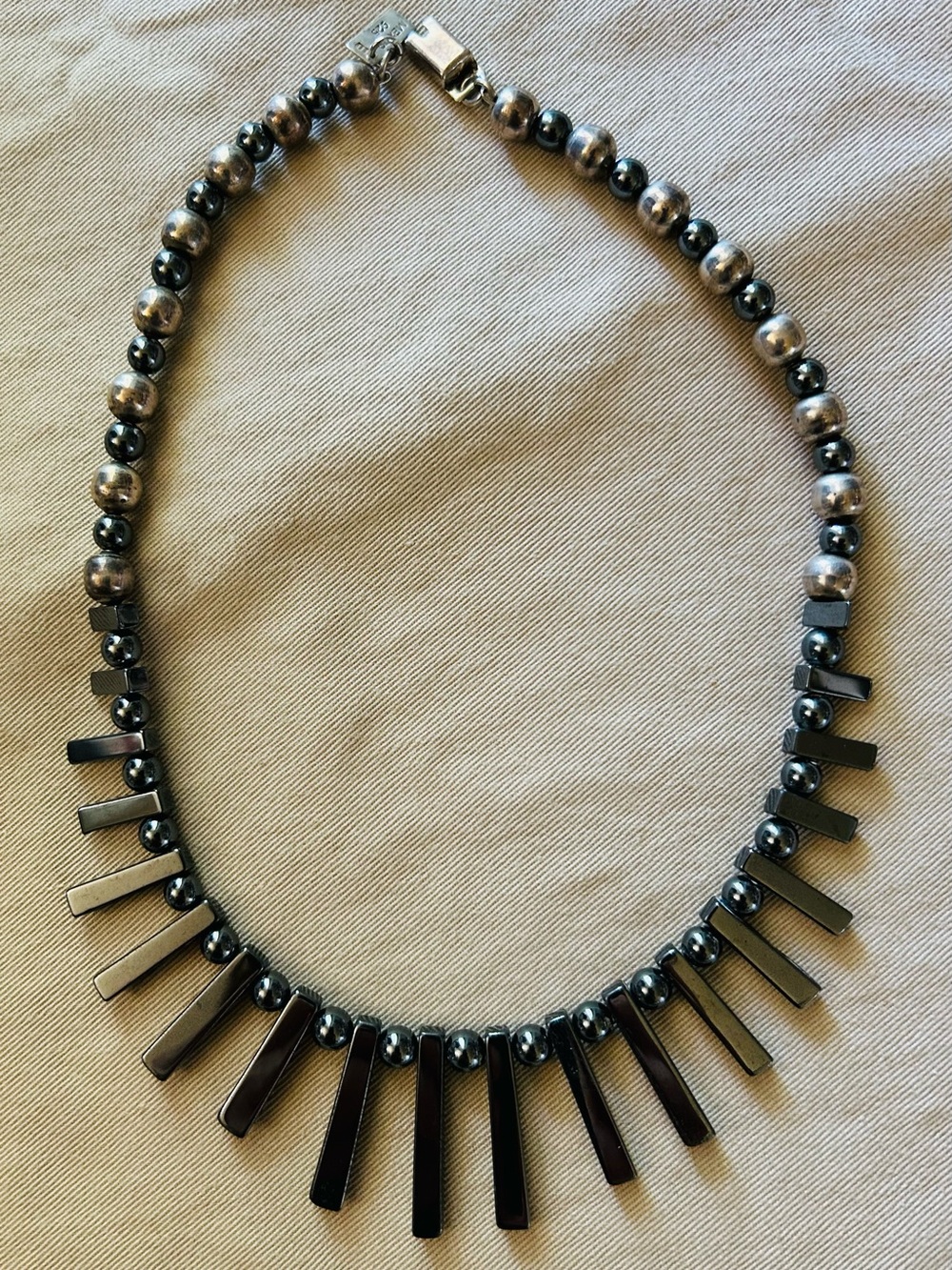 Sterling .925 Beads & Hematite Fringe Bar Beaded Necklace Made Mexico